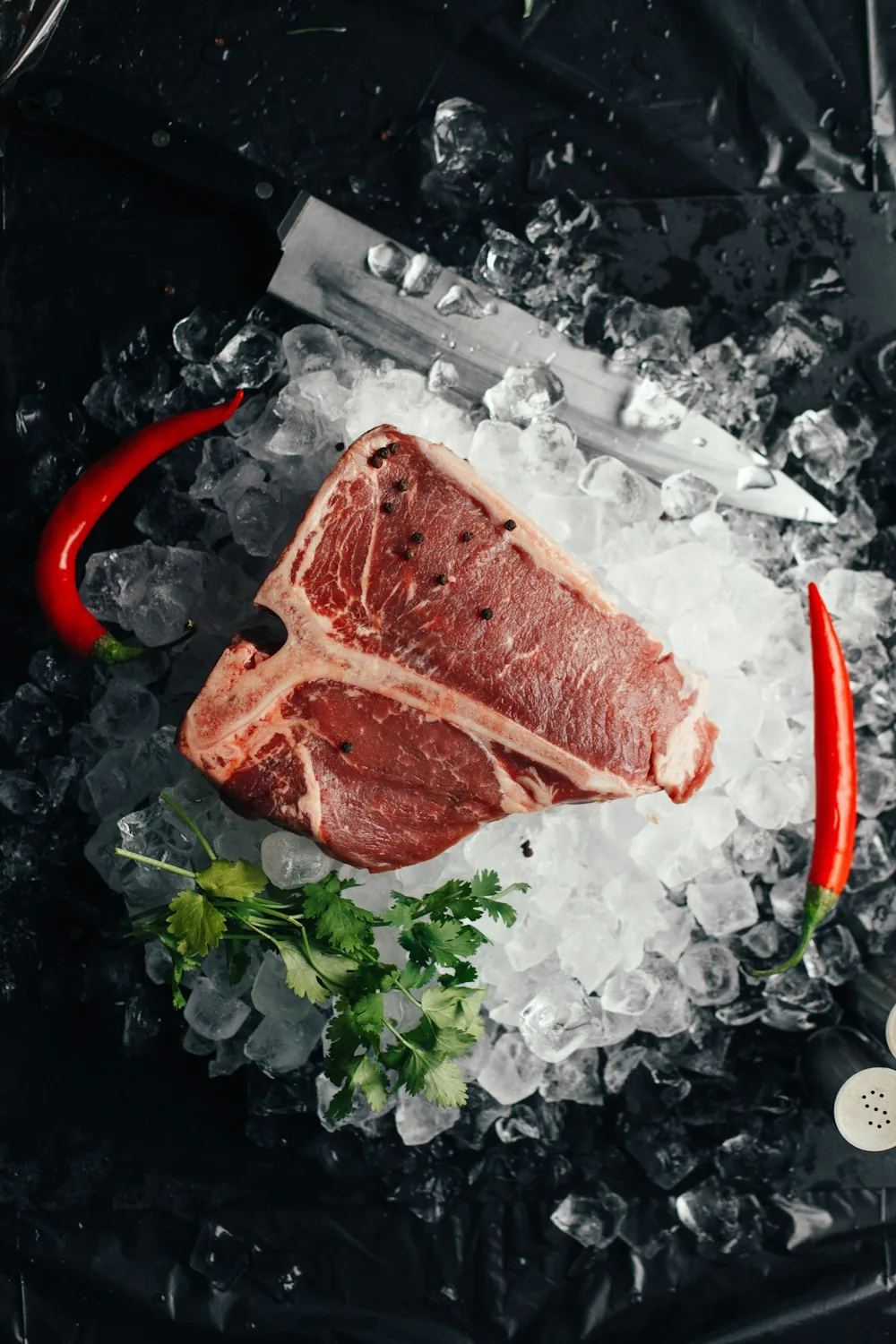 T-bone steak on ice